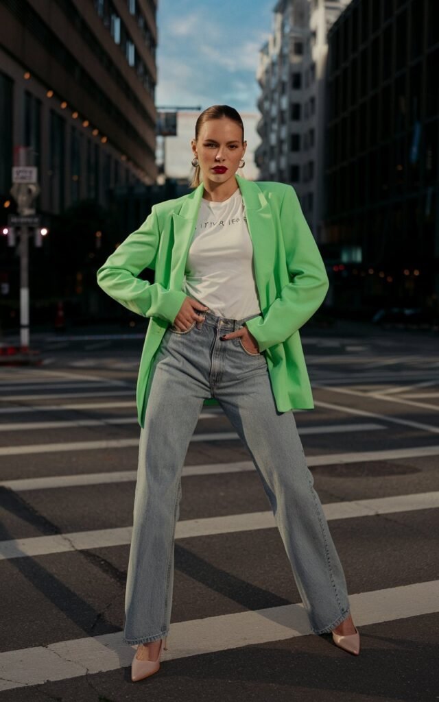 The model poses confidently in an urban crosswalk during daylight. She wears a neon green blazer over a white tee and jeans, styled with pointy heels. Hair slicked back, bold red lip. Expression strong and fashion-forward.