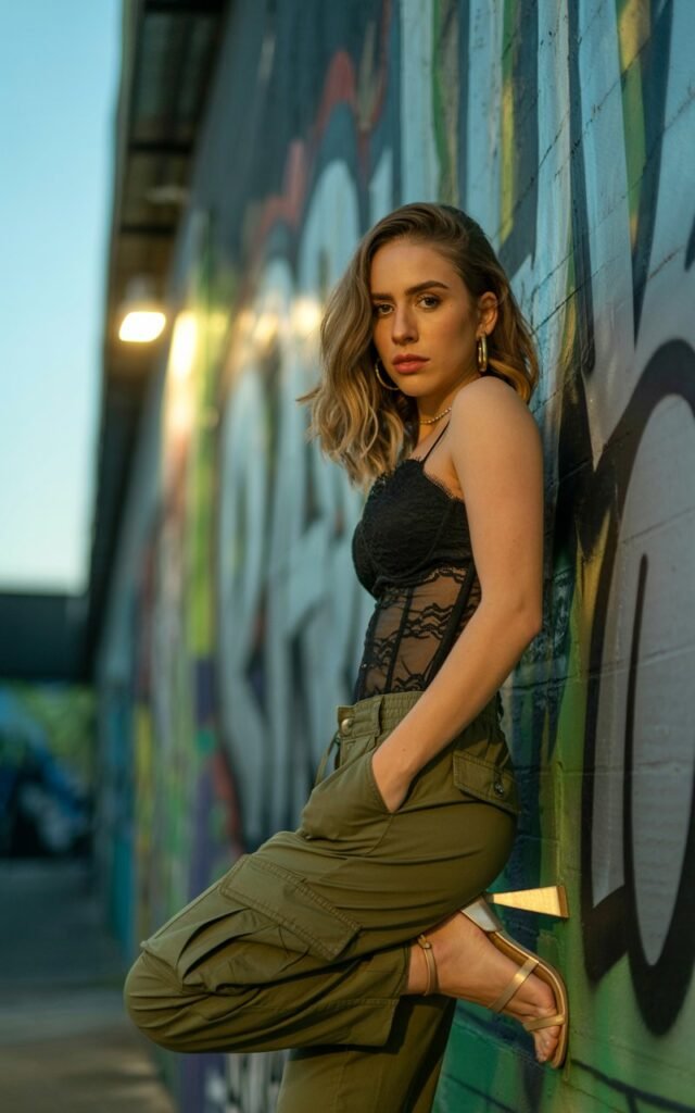 The model stands against a graffiti wall at dusk. She wears olive cargo pants, a fitted lace corset top, and heeled sandals. Hair styled in loose waves, with bold hoop earrings. Pose is confident, one hand in pocket, gaze fierce.