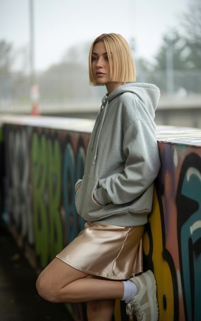 Urban-cool vibe shot of a model with straight blonde bob, wearing a champagne silk slip skirt, oversized gray hoodie, and chunky sneakers. Setting graffiti-covered underpass, natural overcast daylight giving a moody edge. She leans against the wall with one hand in hoodie pocket, soft expression, eyes glancing off-camera.