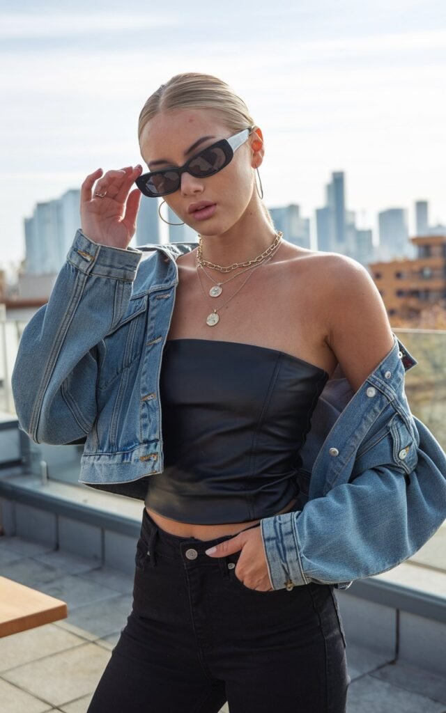 Urban rooftop brunch in Barcelona, model wearing a sleek black tube top and a fitted cropped denim jacket, paired with layered necklaces and oversized sunglasses, bright midday sun with city skyline backdrop.