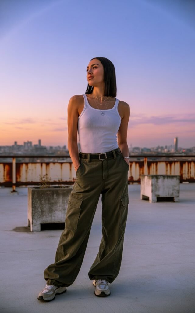 Urban rooftop during sunset. Fit brunette with sleek straight hair wears baggy olive cargo pants with a tight white ribbed tank, accessorized with layered necklaces and chunky sneakers. She stands with hands in pockets, gazing confidently at the city skyline behind her. Golden-hour glow adds warmth.