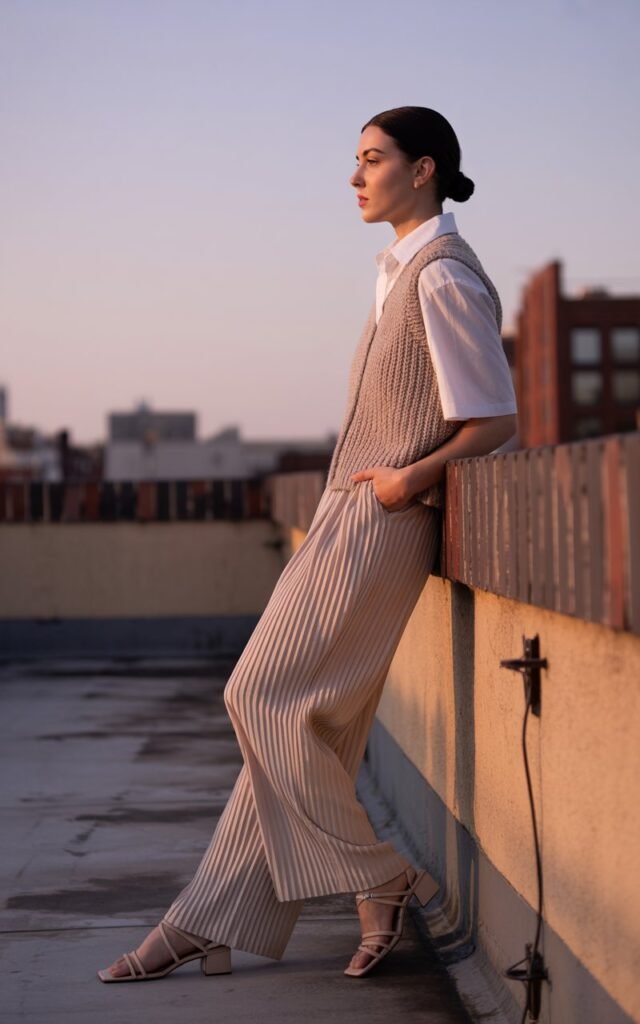 Indoor office hallway, daylight streaming through windows. Model wears a charcoal longline blazer layered over cropped tailored trousers and pointed nude pumps. Accessories: structured handbag, gold watch. Hair in sleek ponytail. Pose: standing confidently with one hand in pocket, expression sharp.