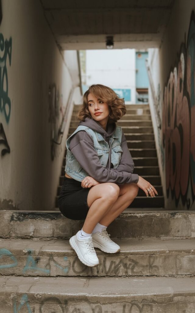 Urban stairwell scene. Model with brown wavy bob wears a cropped gray hoodie with a light-wash denim vest layered over, black mini skirt, and chunky sneakers. She sits on concrete steps, looking to the side with a laid-back grin.