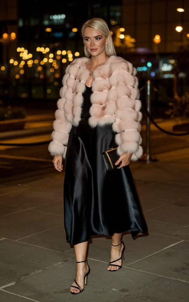 White-skinned European woman arriving at an evening event, wearing a blush cropped faux fur jacket over a black satin midi dress, strappy heels, city lights glowing in the background at night.