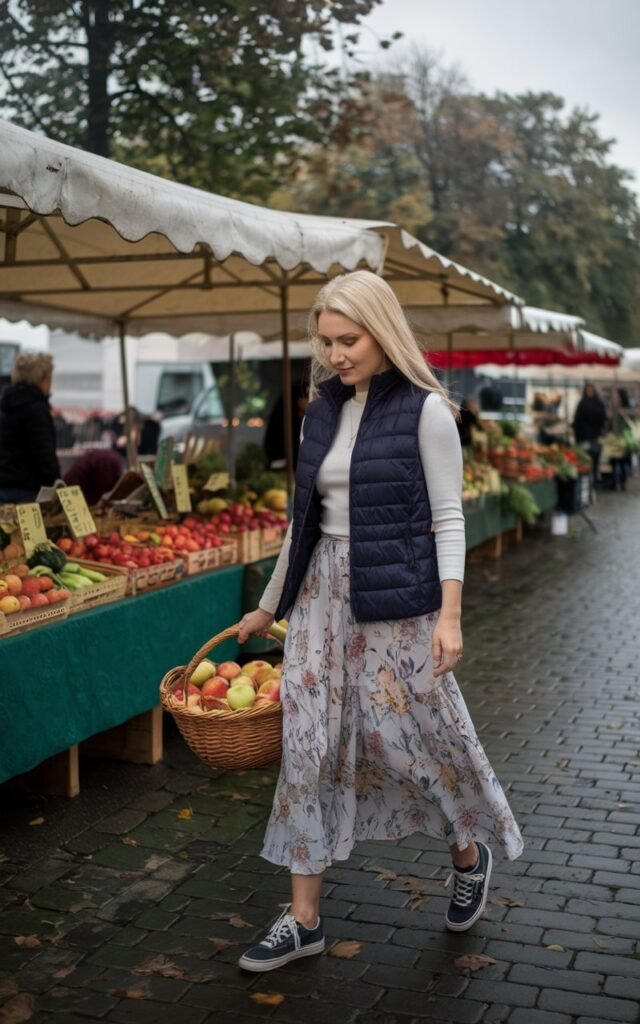 White-skinned European woman at an outdoor farmers’ market, navy puffer vest over a white top, floral flowy midi skirt, sneakers, carrying a basket of apples, cloudy autumn morning.