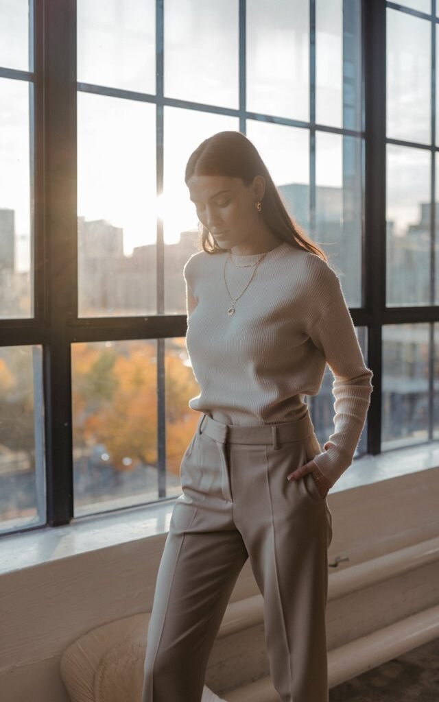 White-skinned European woman in a modern loft apartment, wearing monochrome beige tailored pants and knit sweater, gold necklace and earrings, large windows with autumn cityscape outside, midday sun streaming in.