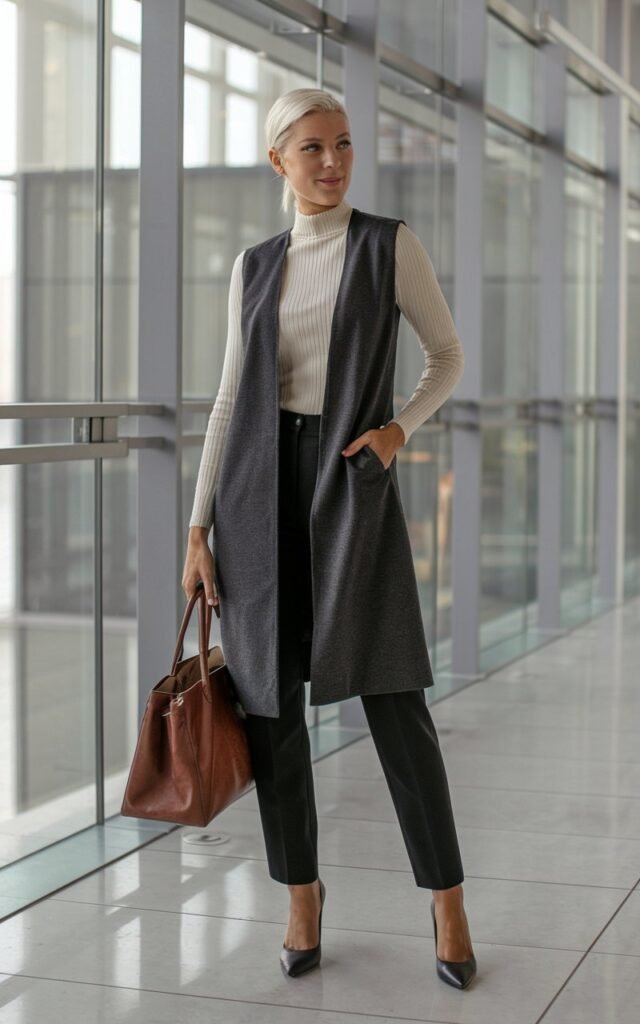 White-skinned European woman in a modern office lobby, wearing a charcoal longline vest over a cream ribbed turtleneck, slim black trousers, heels, holding a leather handbag, bright natural light from glass walls.