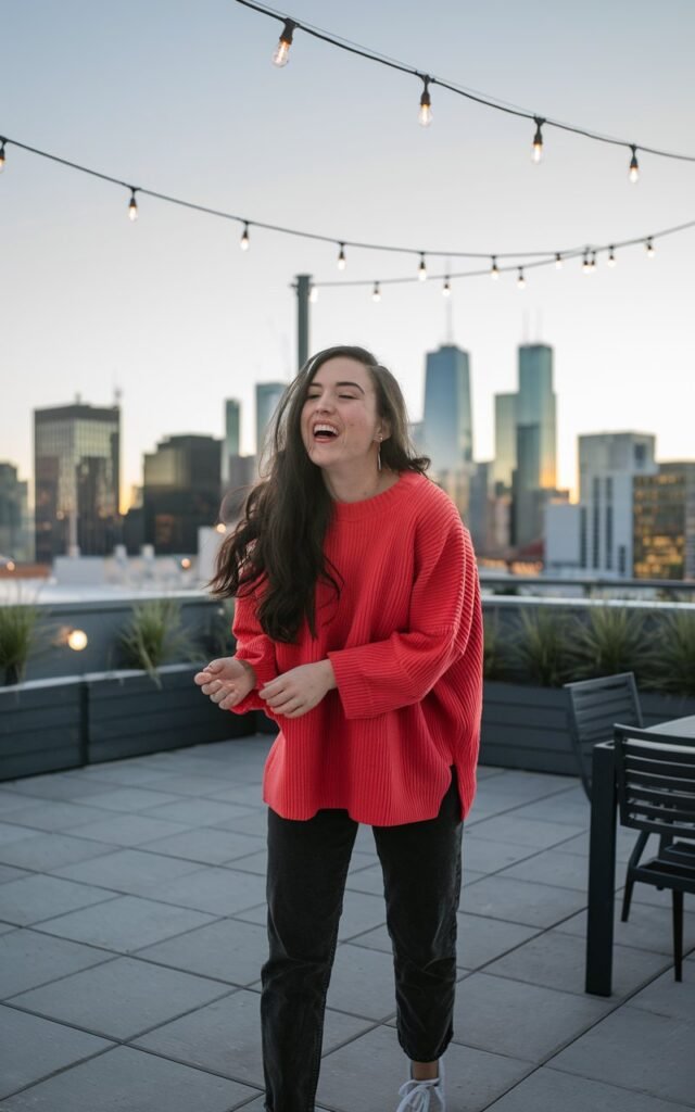 White-skinned European woman laughing on a rooftop terrace, bright red oversized sweater, black jeans, white sneakers, string lights overhead, city skyline in the background at sunset.