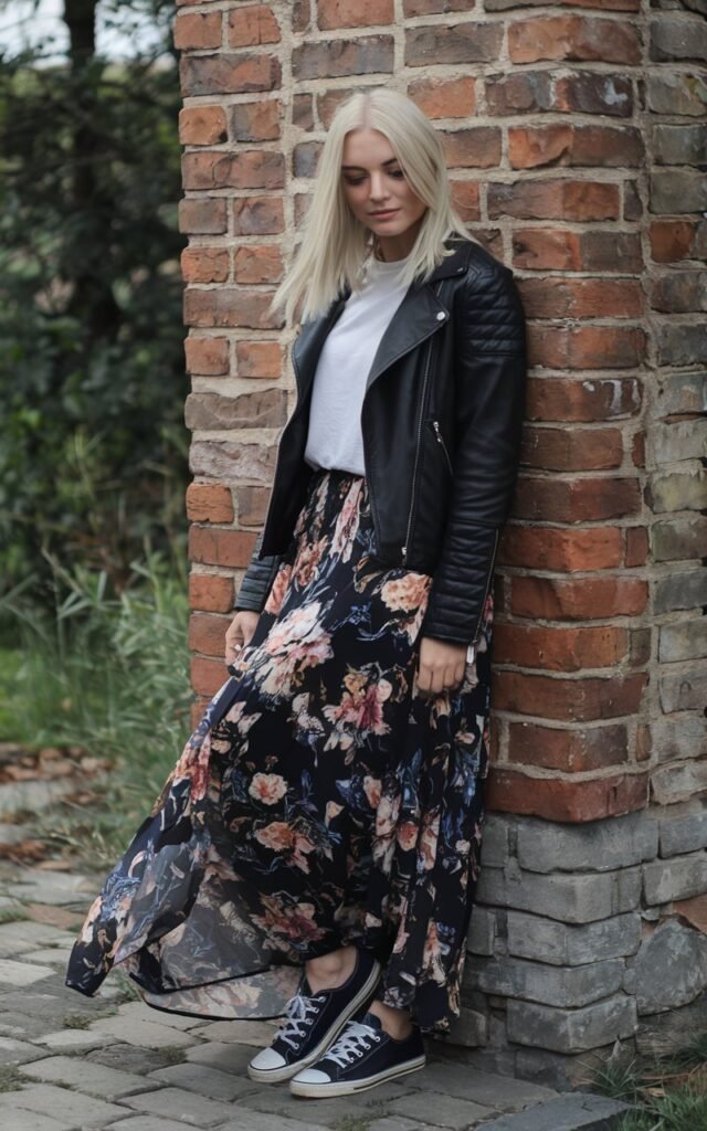 White-skinned European woman leaning against a rustic brick wall, wearing a black leather jacket over a flowing floral maxi skirt, plain white tee, sneakers, soft overcast daylight.