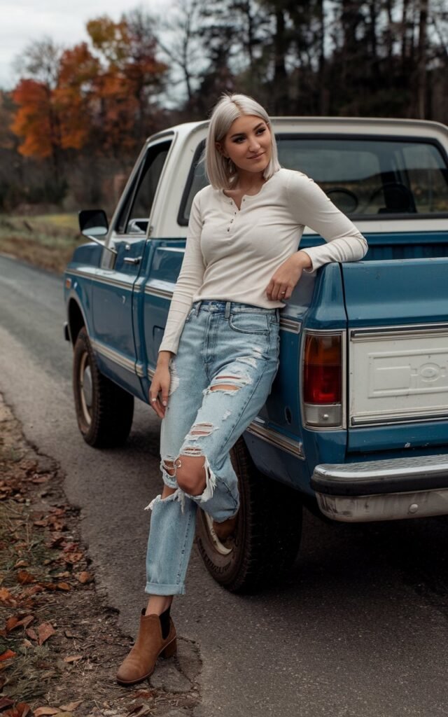 White-skinned European woman leaning against a vintage pickup truck, wearing a cream Henley shirt, distressed boyfriend jeans, brown ankle boots, rural road with autumn trees behind.