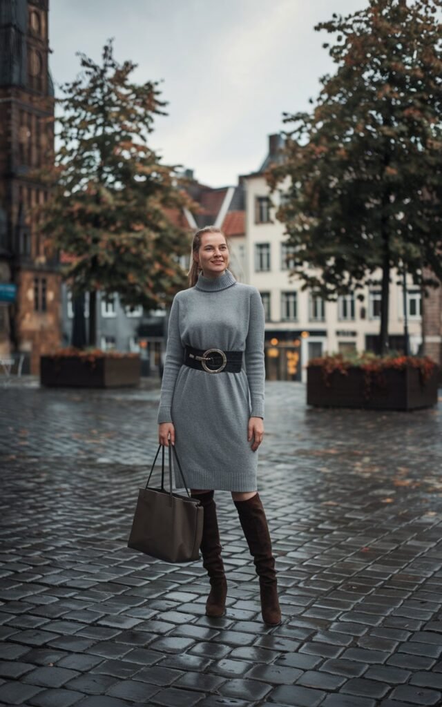 White-skinned European woman on a cobblestone plaza, wearing a grey sweater dress cinched with a wide black belt, knee-high boots, large tote, historic European buildings in background, overcast fall day.