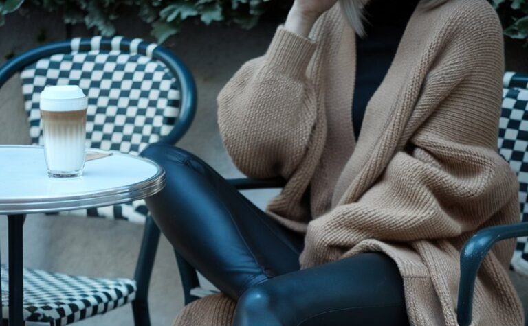 White-skinned European woman sitting cross-legged on a café patio chair, oversized camel cardigan, black faux leather leggings, chunky sneakers, latte on the table, cool crisp morning light.