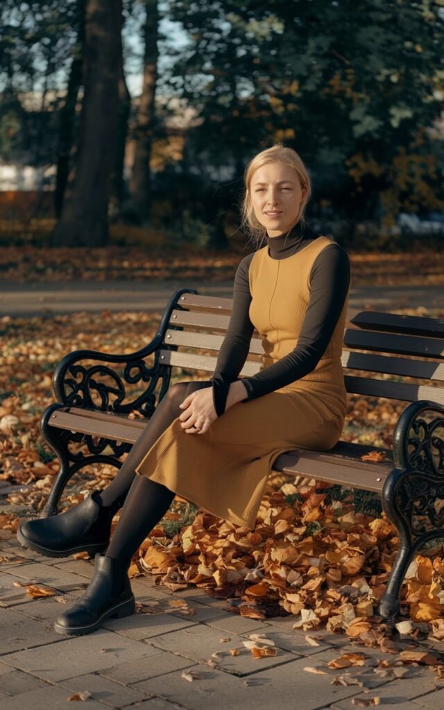White-skinned European woman sitting on a park bench with fallen leaves around, wearing a fitted black turtleneck under a mustard sleeveless midi dress, tights, and ankle boots, warm late-afternoon autumn light.