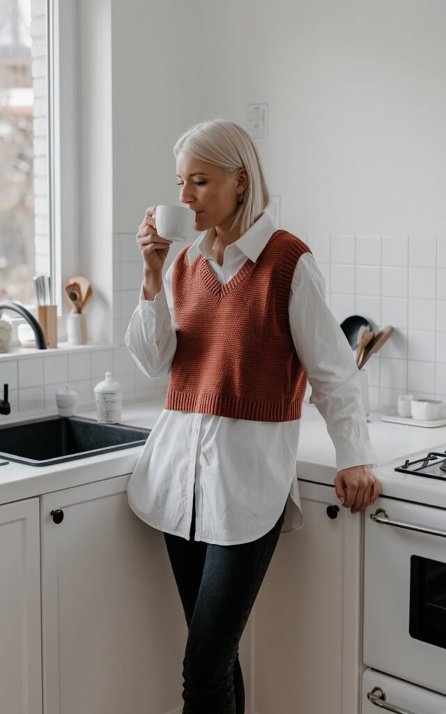 White-skinned European woman standing in a bright, minimalist kitchen, white button-up shirt layered with a rust-colored knit vest, slim black jeans, sipping tea by the window.