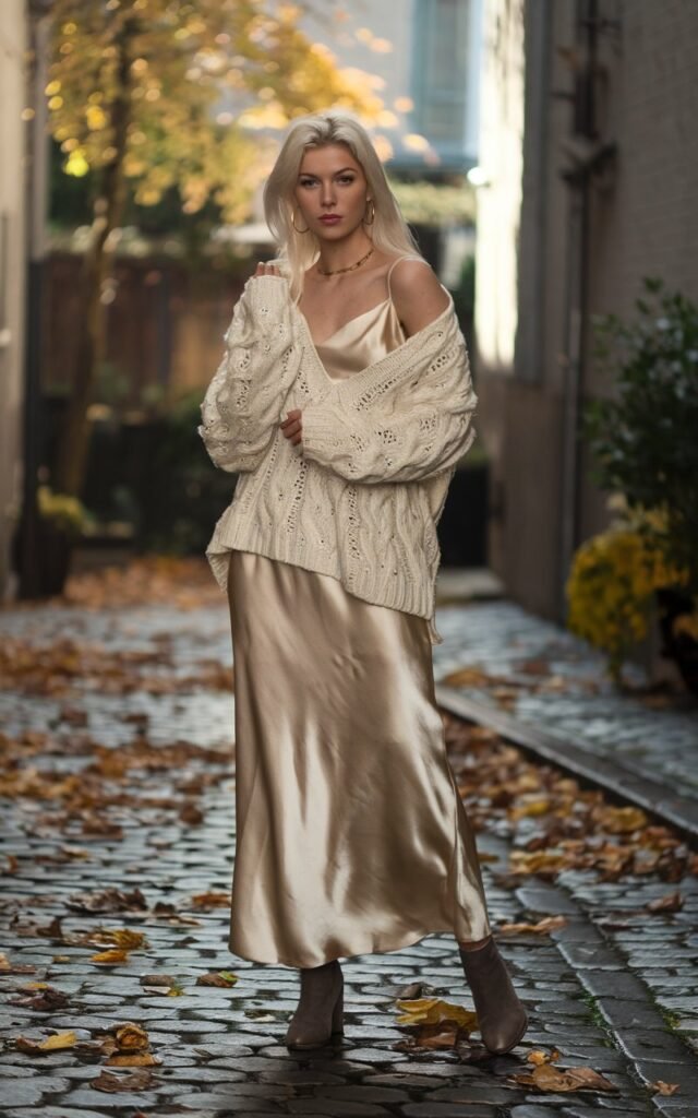 White-skinned European woman standing in a cobblestone alley, wearing a cream chunky knit sweater over a champagne satin slip dress, gold hoops, ankle boots, autumn leaves scattered on the ground, soft golden-hour lighting.