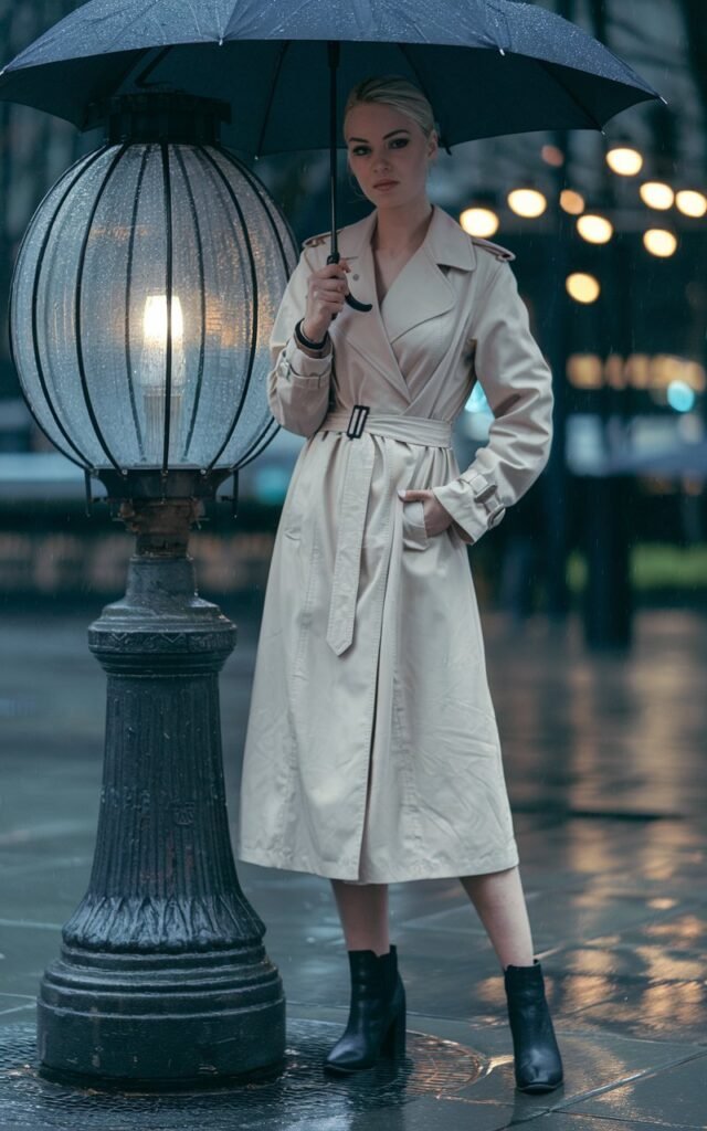 White-skinned European woman standing near a vintage streetlamp in a light drizzle, wearing a beige belted trench coat, black ankle boots, holding an umbrella, blurred city lights in the background.