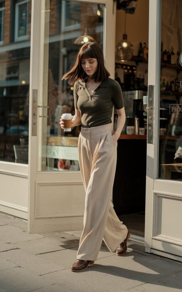White-skinned European woman stepping out of a coffee shop, wearing a forest-green knit polo tucked into cream wide-leg trousers, loafers, carrying a to-go coffee, warm midday sunlight.