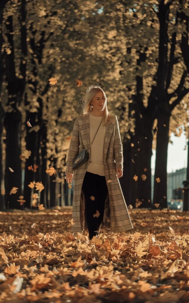 White-skinned European woman strolling down a tree-lined avenue, beige sweater and black pants under a long plaid coat, crossbody bag, golden autumn leaves swirling in the wind, warm afternoon sunlight.