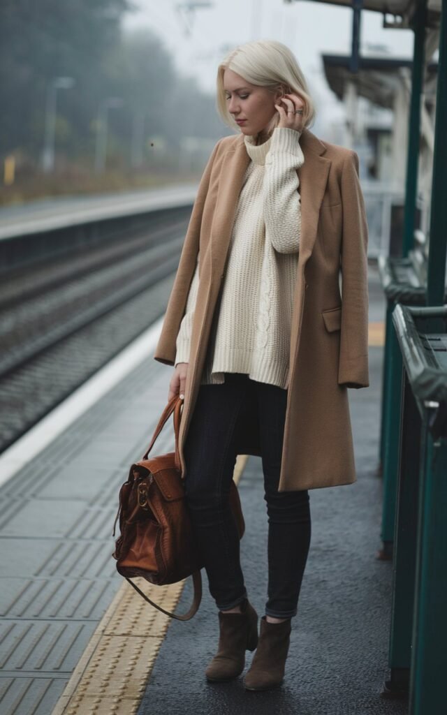 White-skinned European woman waiting at a train platform, camel coat, cream sweater, dark-wash skinny jeans, ankle boots, holding a leather satchel, misty early morning.