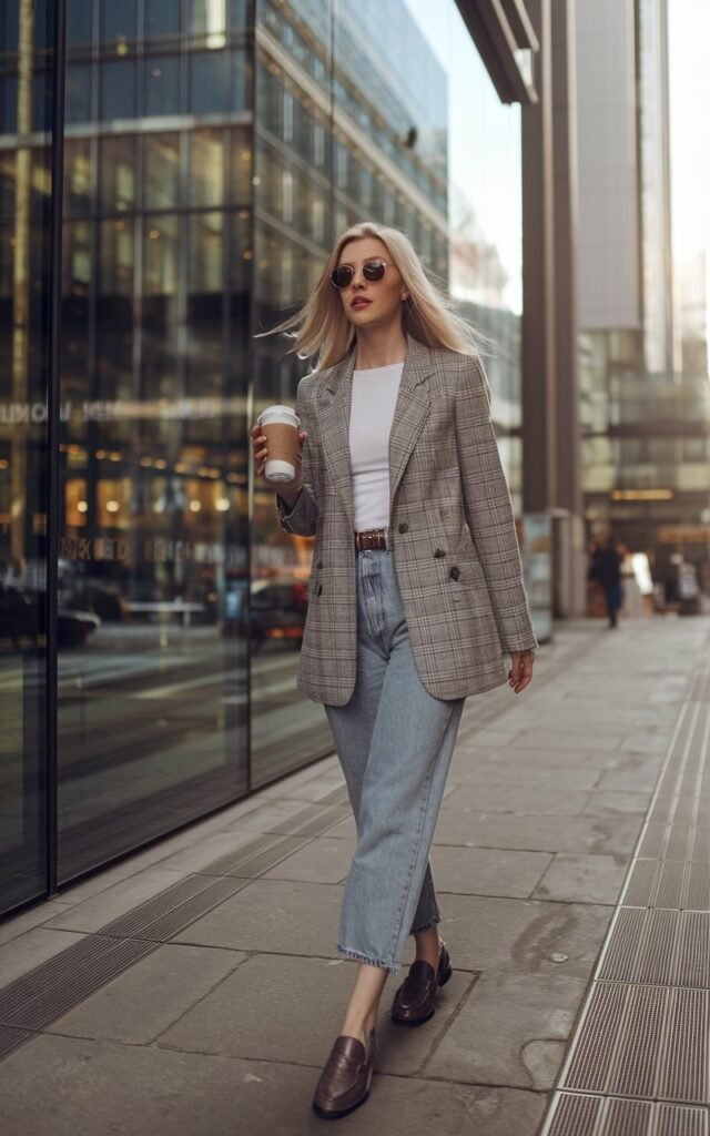 White-skinned European woman walking down a bustling city street, wearing a grey plaid blazer, white tee, high-waisted jeans, and loafers, holding a coffee cup, mid-morning sunlight reflecting off glass buildings.