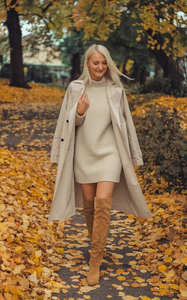 White-skinned European woman walking through a park path, wearing a beige short sweater dress, tan knee-high boots, light trench coat draped over shoulders, golden fall leaves everywhere.