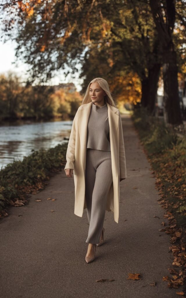 White-skinned young European woman walking along a quiet riverside path, wearing a cream wool coat over a grey knit co-ord set, heels, autumn trees with orange leaves in background, soft afternoon glow.