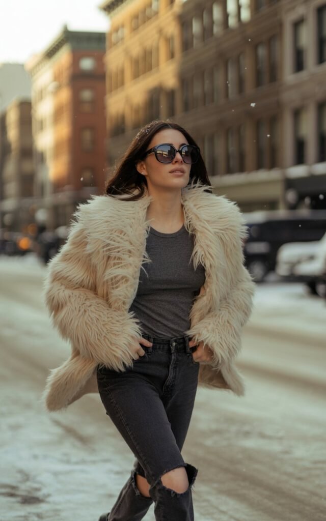 Winter street style shot in golden hour light. The woman model wears a dramatic faux fur coat over ripped jeans and a fitted tee. Heeled boots, oversized sunnies. Confident walk, looking off into the distance.