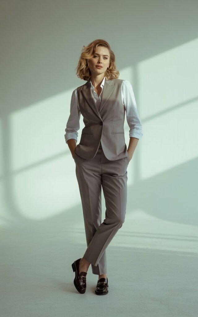 Full-body of a chic woman in a gray tailored vest layered over a crisp white shirt, slim trousers, loafers. Minimal makeup, wavy shoulder-length hair. Shot in a studio with soft gray background and diffused lighting. Model leaning casually with hands in pockets, relaxed expression.