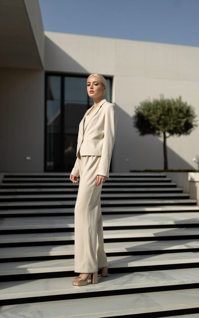 A statuesque platinum blonde posing on sleek marble stairs of a minimalist luxury villa, wearing a cream monochrome wide-leg jumpsuit with structured shoulders, chunky nude heels, sharp afternoon light creating strong shadows, sophisticated and architectural composition.