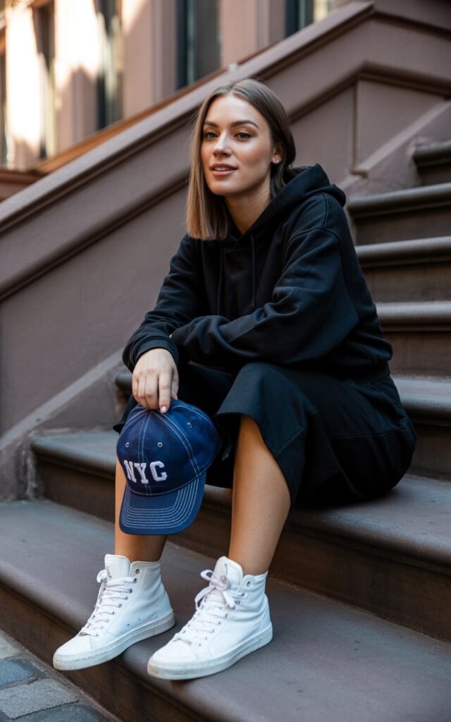 A black hoodie dress styled with classic white high-top sneakers. She’s sitting casually on the steps of a brownstone building, holding a baseball cap. Late-afternoon city lighting adds depth. Her hair is straight and sleek, expression relaxed and playful.