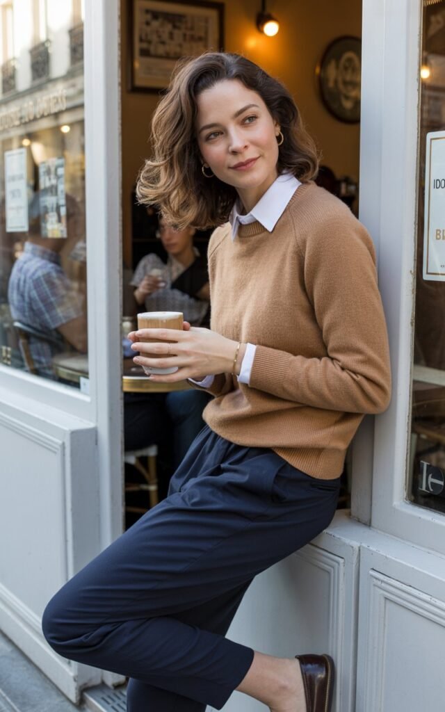 A brunette with wavy hair left loose, wearing a camel crew-neck sweater layered over a crisp white collared shirt, paired with navy slim trousers and loafers. She leans casually against a café doorway, holding a latte cup. Natural daylight highlights the textures of her knitwear. Calm, approachable expression.