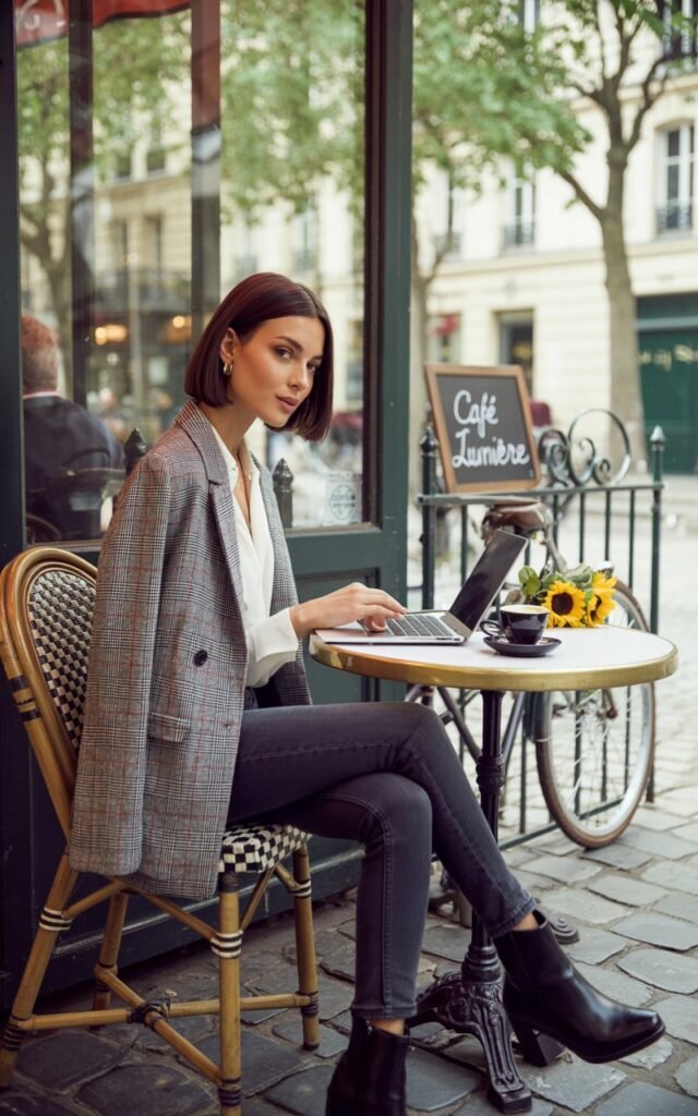 A brunette woman with a polished bob hairstyle, wearing a gray plaid blazer over a white blouse, paired with fitted dark jeans and ankle boots. She’s seated casually at an outdoor café table, laptop open, natural daylight illuminating her outfit. Confident, approachable smile, authentic editorial feel.
