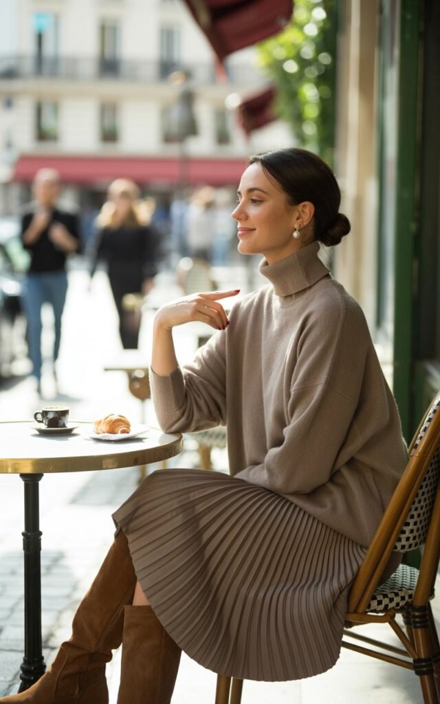 A café sidewalk scene with the model wearing a taupe oversized turtleneck tucked into a pleated midi skirt, styled with suede knee boots. Warm afternoon light filtering through windows. Hair in a neat bun, subtle pearl earrings. Pose seated at an outdoor café table, smiling softly.