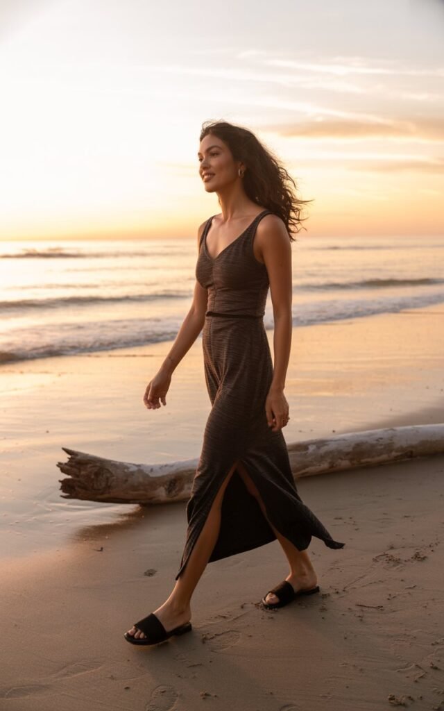 A charcoal-grey jersey maxi dress with side slit, paired with black flat slides. The model is walking barefoot on a sandy beach. Golden-hour sunset casts warm tones across her skin and hair. She glances sideways with wind in her hair, looking serene.