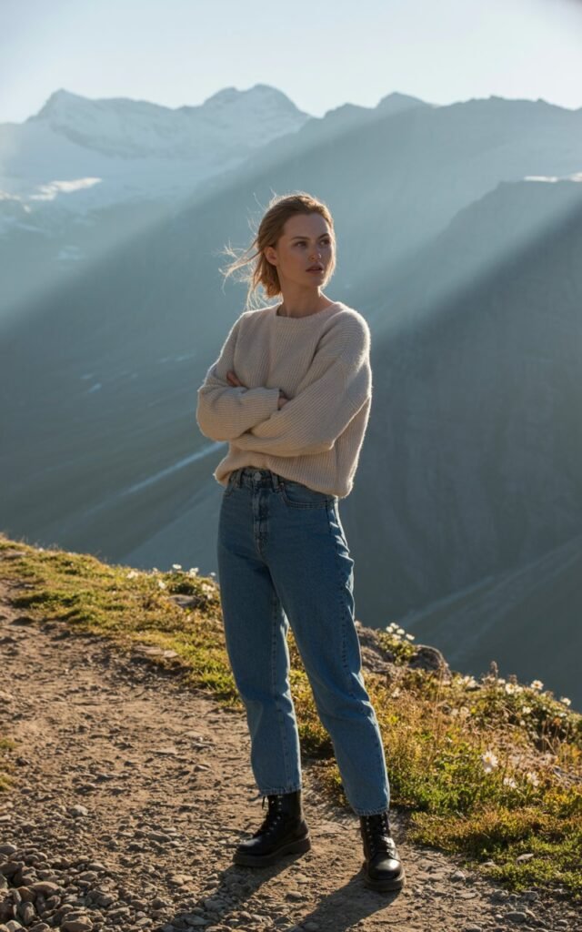 A fair-skinned model stands on a rugged mountain path at soft afternoon light. She wears a cozy cream knit sweater, high-rise blue jeans, and black combat boots. She stands with arms crossed, gazing thoughtfully into the distance. The soft light catches the knit’s texture and her wind-blown hair, while the mountain landscape frames the shot.