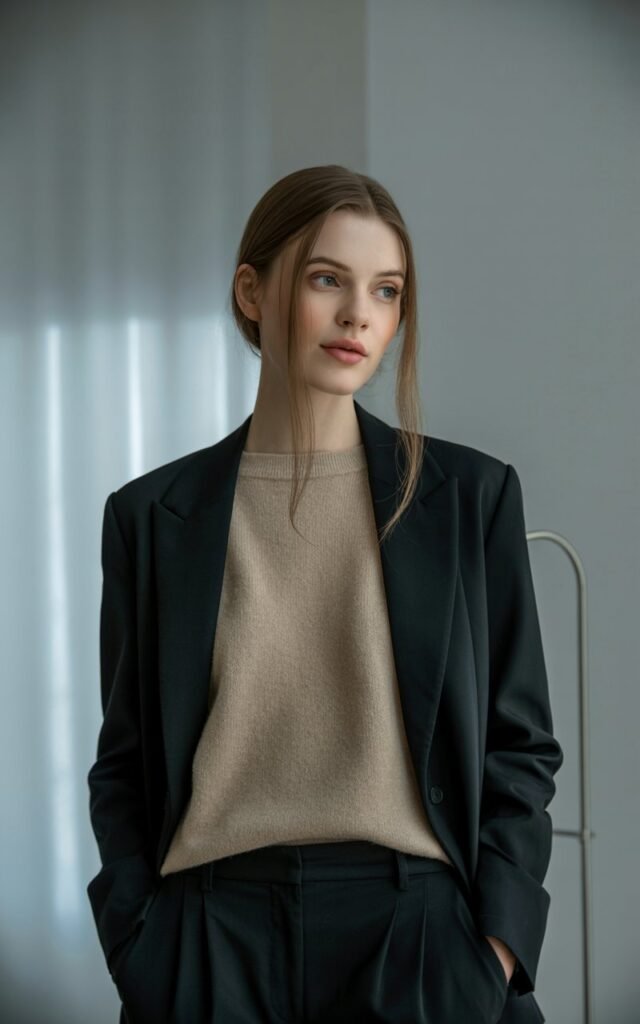 A fair-skinned model with long loose brown hair, wearing sleek black tailored trousers with a beige cashmere sweater and loafers. Studio backdrop with soft gray tones, soft window light falling across her face. Elegant, simple pose—standing straight with a slight smile.