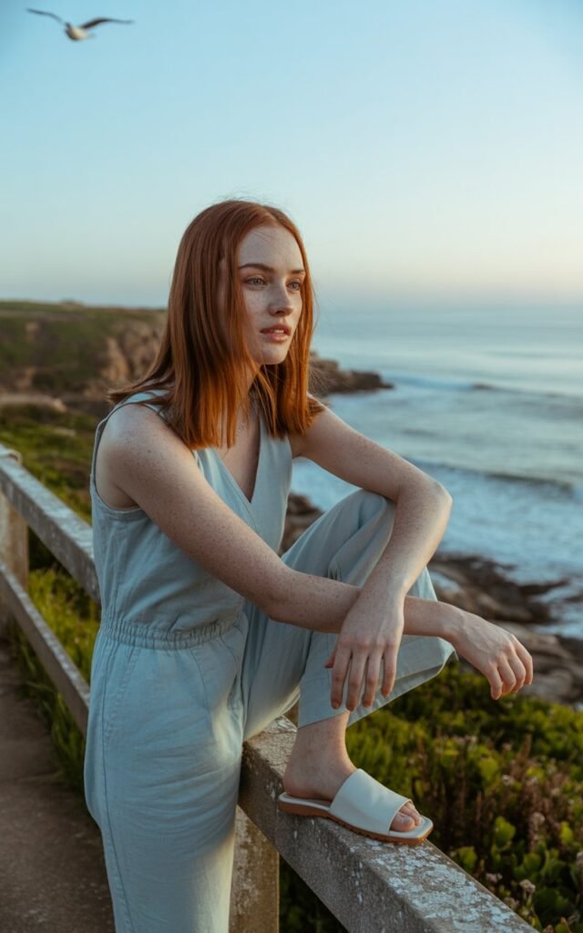 A fair-skinned model with straight, shoulder-length hair poses on a coastal path at sunset. She wears a pale blue lightweight jumpsuit with a cinched waist and white slide sandals. She stands with arms relaxed, leaning slightly on a wooden railing, eyes focused on the horizon. Soft golden light glows on her skin, highlighting her natural texture. The ocean waves and a cliffside complete the serene scene.