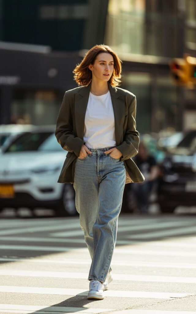 A fit brunette with layered hair, wearing a charcoal boxy blazer, white tee tucked into straight-leg faded denim, and white sneakers. She’s walking across a crosswalk in the city, sunlight hitting from the side. Cool, slightly serious expression, hands in pockets.