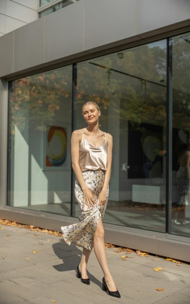 A fit, fair-skinned model stands outside an art gallery in afternoon light. She wears a champagne silk camisole tucked into a printed midi skirt with block heels. She poses with one foot forward, hands relaxed by her sides, smiling softly. The smooth textures of the fabric and sunlight reflecting off surfaces add richness. The gallery’s neutral tones create a balanced, chic atmosphere.