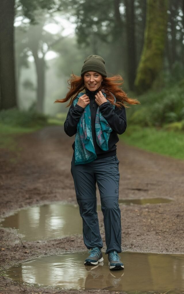 A fit model stands on a wet trail after rain with overcast lighting. She wears a charcoal beanie, patterned scarf, waterproof sneakers, and navy trekking pants. She stands with one hand adjusting her scarf, looking playful. Soft reflections from puddles add depth, while misty trees create a peaceful atmosphere.