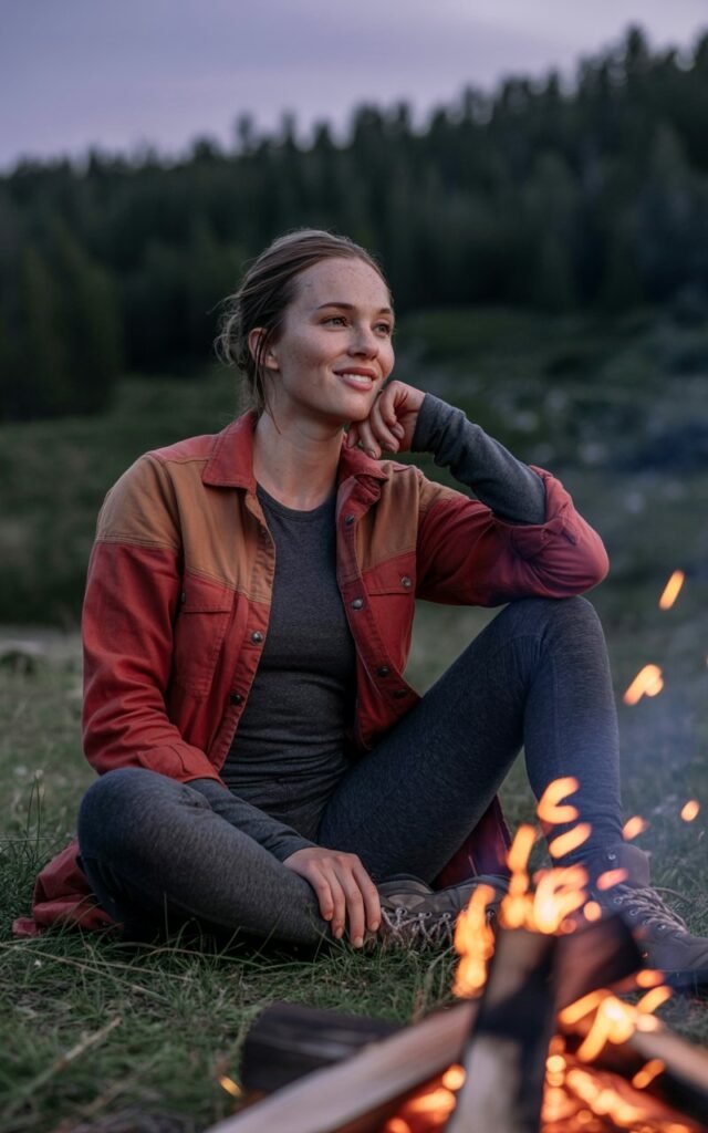 A fit white-skinned model sits by a campfire in a mountain clearing at dusk. She wears a red flannel shirt over a grey long-sleeve tee, paired with black fleece-lined leggings and boots. She sits cross-legged, leaning back on one hand with a relaxed smile. The fire’s glow lights her face naturally, adding warmth and texture.