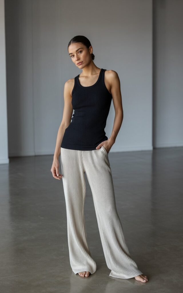 A fitted black ribbed tank top paired with cream wide-leg knit pants. The model stands in a minimal studio with polished concrete floors and soft box lighting. Barefoot for a relaxed feel, her hair is slicked back into a low bun. Her pose is elegant with hands in pockets, looking confidently at the camera.