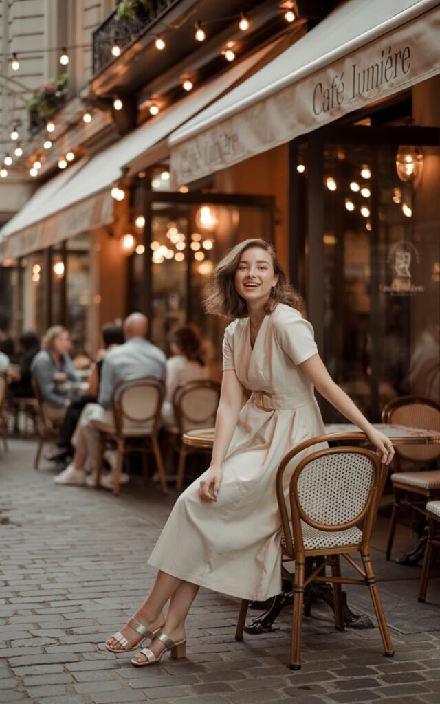 A full-body image at a chic urban café patio with string lights overhead during dusk. The model wears a cream midi dress cinched at the waist with a built-in belt, paired with nude sandals. Her shoulder-length hair is soft and tousled, and she carries no accessories. The soft golden light illuminates her face and dress subtly. She stands relaxed, one arm resting on a chair, with a gentle smile and playful eyes.
