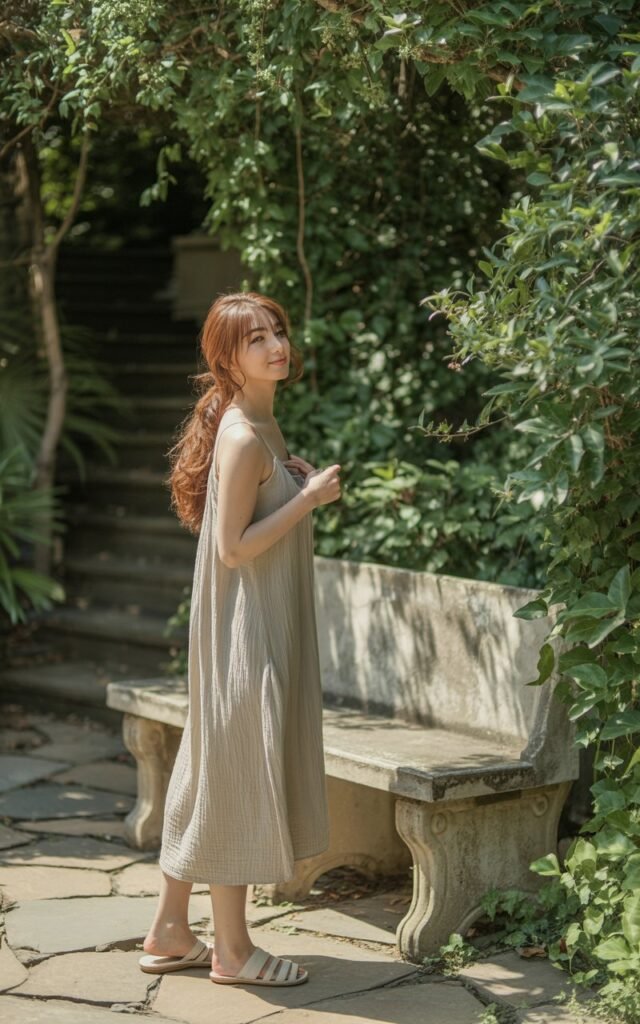 A full-body image in a sunlit garden filled with greenery and stone pathways. The model wears a beige linen dress that feels breathable and light. Her hair is tied loosely, allowing soft strands to frame her face. The natural texture of the fabric is visible in the soft light. She wears flat sandals and no accessories, standing with a relaxed posture and a soft smile, soaking in the sunlight.
