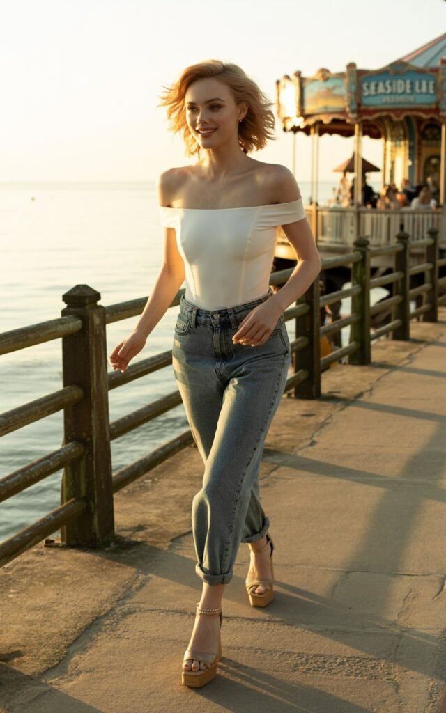 A full-body image of a fair-skinned model with sharp features and sun-kissed hair wearing a white off-shoulder bodysuit tucked into high-rise blue jeans, with nude platform sandals. The scene is a beach boardwalk at sunset, with soft golden hues reflecting off the water. She walks forward with a playful smile, hair tousled by the breeze. Her makeup is soft and natural, highlighting her healthy skin and subtle glow. The relaxed yet flirty outfit is perfectly complemented by the warm, carefree setting.