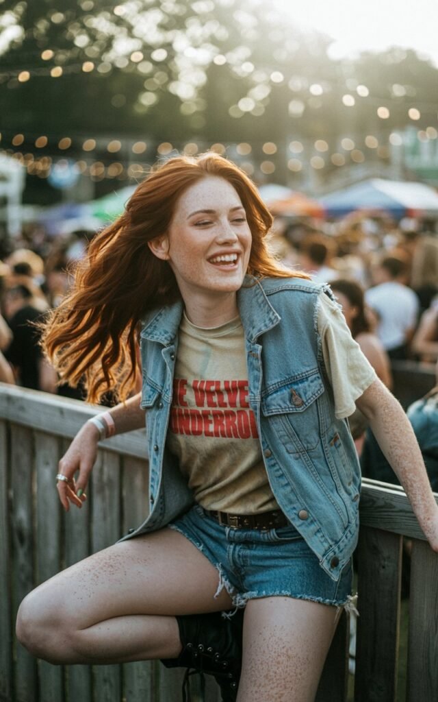 A full-body image of a pale-skinned model with flowing chestnut hair wearing a faded band t-shirt under a light blue denim vest, paired with distressed jean shorts and black combat boots. The backdrop is a summer festival field with string lights and a vibrant crowd blurred in the distance. She stands leaning against a wooden fence, laughing openly with eyes crinkled. Her makeup is natural, showcasing freckles and soft tones. The outfit’s nostalgic vibe blends seamlessly with the carefree summer setting.