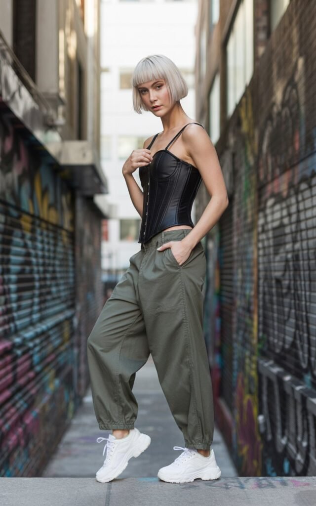 A full-body image of a white-skinned model with sharp cheekbones and short platinum hair wearing a structured black corset top, loose olive green cargo pants, and white chunky sneakers. The background is an urban alley with graffiti art and muted daylight filtering through buildings. She stands confidently, one hand in her pocket and the other adjusting the corset strap, looking slightly amused. Her makeup is minimal, with natural brows and soft lips. The juxtaposition of edgy streetwear with bold curves is highlighted by the gritty setting.