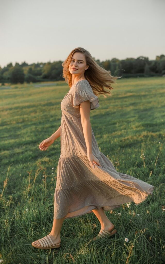 A full-body image of the model outdoors in a grassy meadow at soft sunset, wearing a bohemian tiered maxi dress in earth tones with flutter sleeves. Her long hair is styled in loose waves, moving gently with the breeze. She pairs the dress with flat leather sandals and wears no accessories. Her pose is playful, mid-step as she twirls slightly, smiling naturally, with soft light wrapping around her figure and fabric layers.