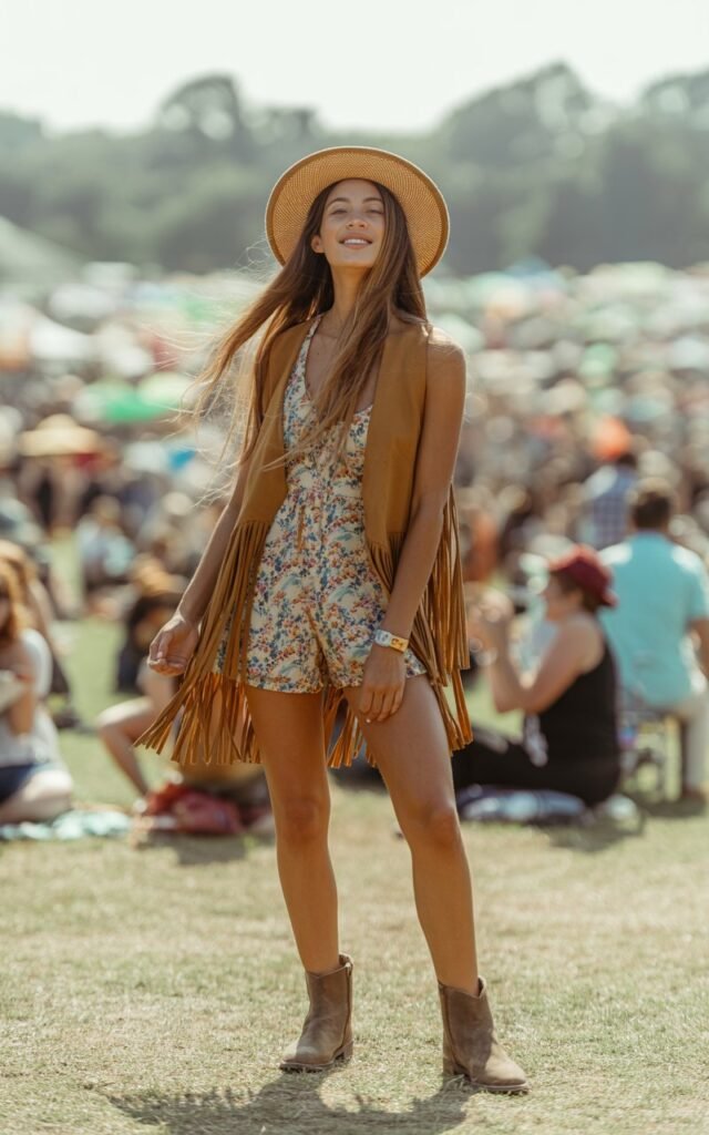 A full-body image of the model standing in a festival field with blurred crowds in the background under late afternoon light. She wears a floral playsuit, a tan fringe vest, and a wide straw hat. Her boots are simple and worn-in. Her hair cascades naturally down her back, and she holds the brim of her hat while smiling toward the camera. The textures, patterns, and soft skin tones create a lively, authentic scene.