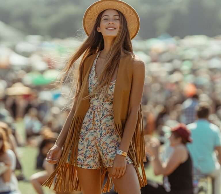 A full-body image of the model standing in a festival field with blurred crowds in the background under late afternoon light. She wears a floral playsuit, a tan fringe vest, and a wide straw hat. Her boots are simple and worn-in. Her hair cascades naturally down her back, and she holds the brim of her hat while smiling toward the camera. The textures, patterns, and soft skin tones create a lively, authentic scene.